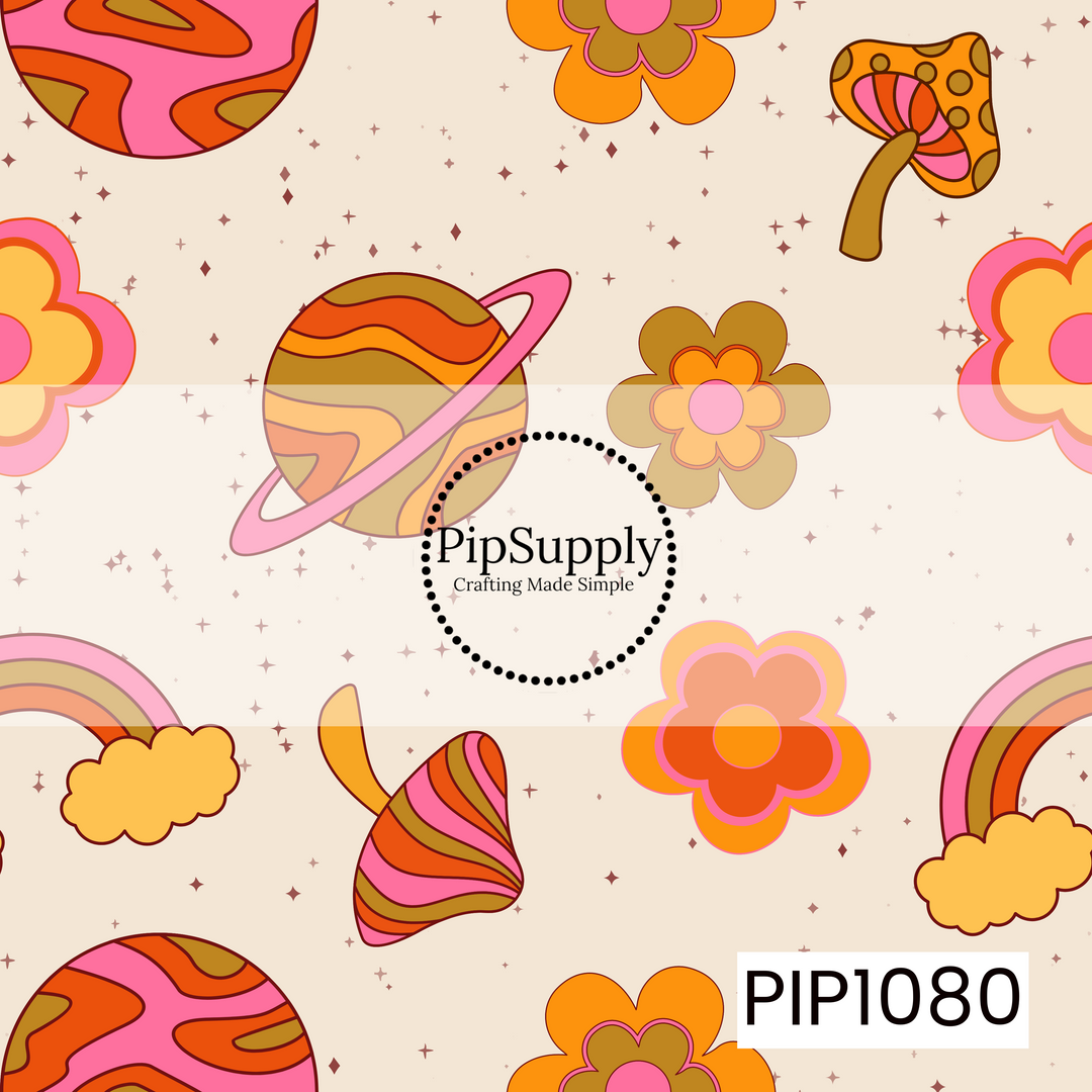 A whimsical retro pattern featuring groovy planets, mushrooms, rainbows, and bold mod flowers scattered across a soft cream background with tiny twinkling stars. Warm shades of pink, orange, mustard, peach, and brown create a fun vintage-inspired space theme with a playful 70s aesthetic.
