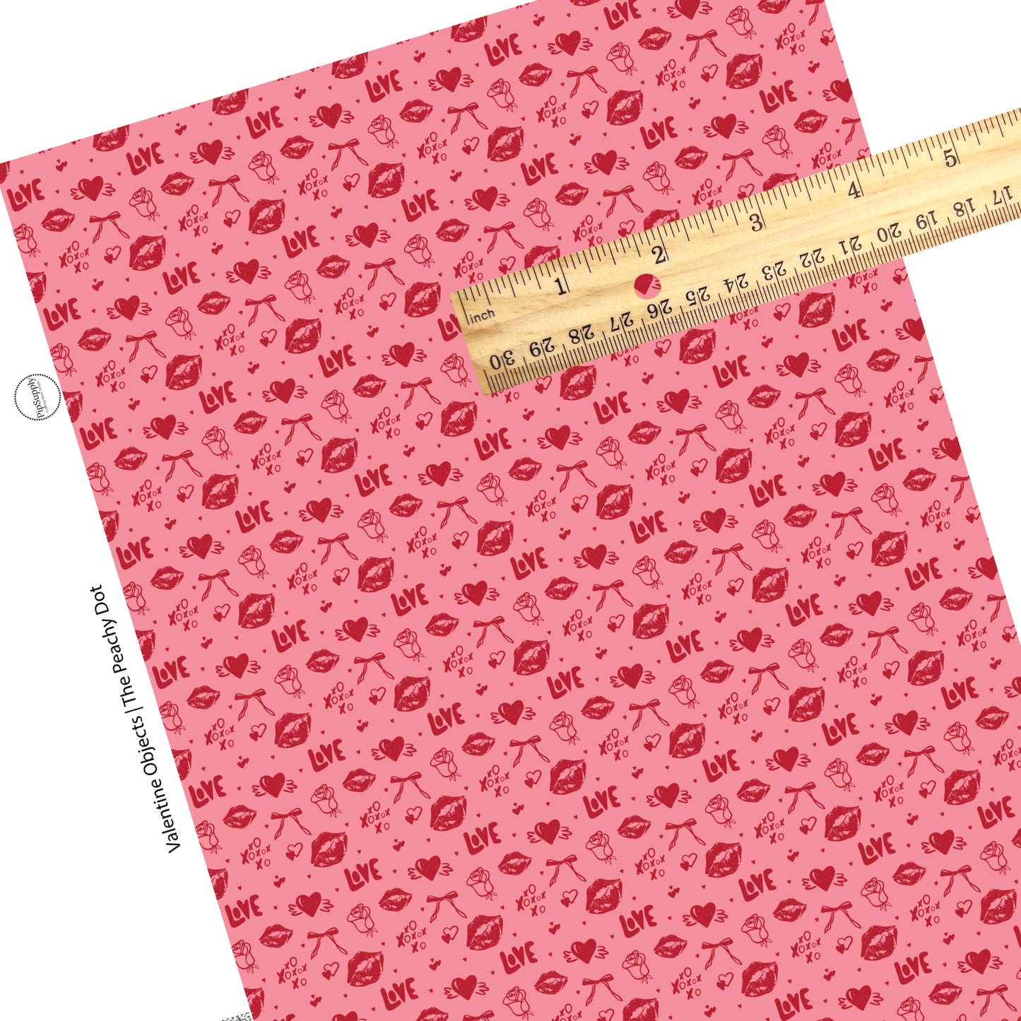 These Valentine's pattern themed faux leather sheets contain the following design elements: red kisses, bows, hearts, and Valentine sayings on pink. Our CPSIA compliant faux leather sheets or rolls can be used for all types of crafting projects.