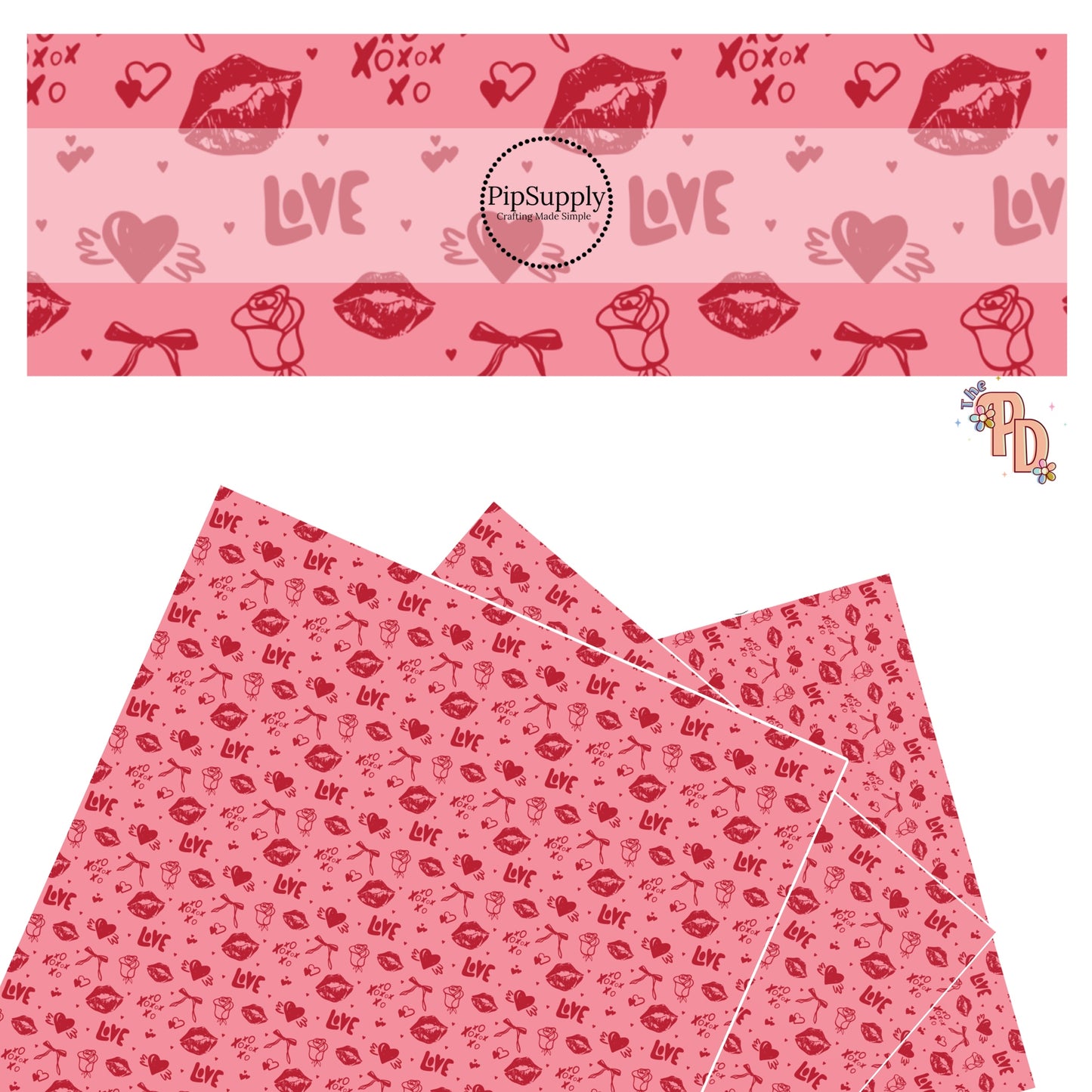 These Valentine's pattern themed faux leather sheets contain the following design elements: red kisses, bows, hearts, and Valentine sayings on pink. Our CPSIA compliant faux leather sheets or rolls can be used for all types of crafting projects.