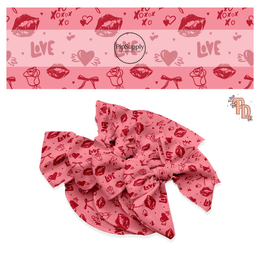 These Valentine's pattern no sew bow strips can be easily tied and attached to a clip for a finished hair bow. These Valentine's Day bow strips are great for personal use or to sell. This cute pattern features red kisses, bows, hearts, and Valentine sayings on pink. 