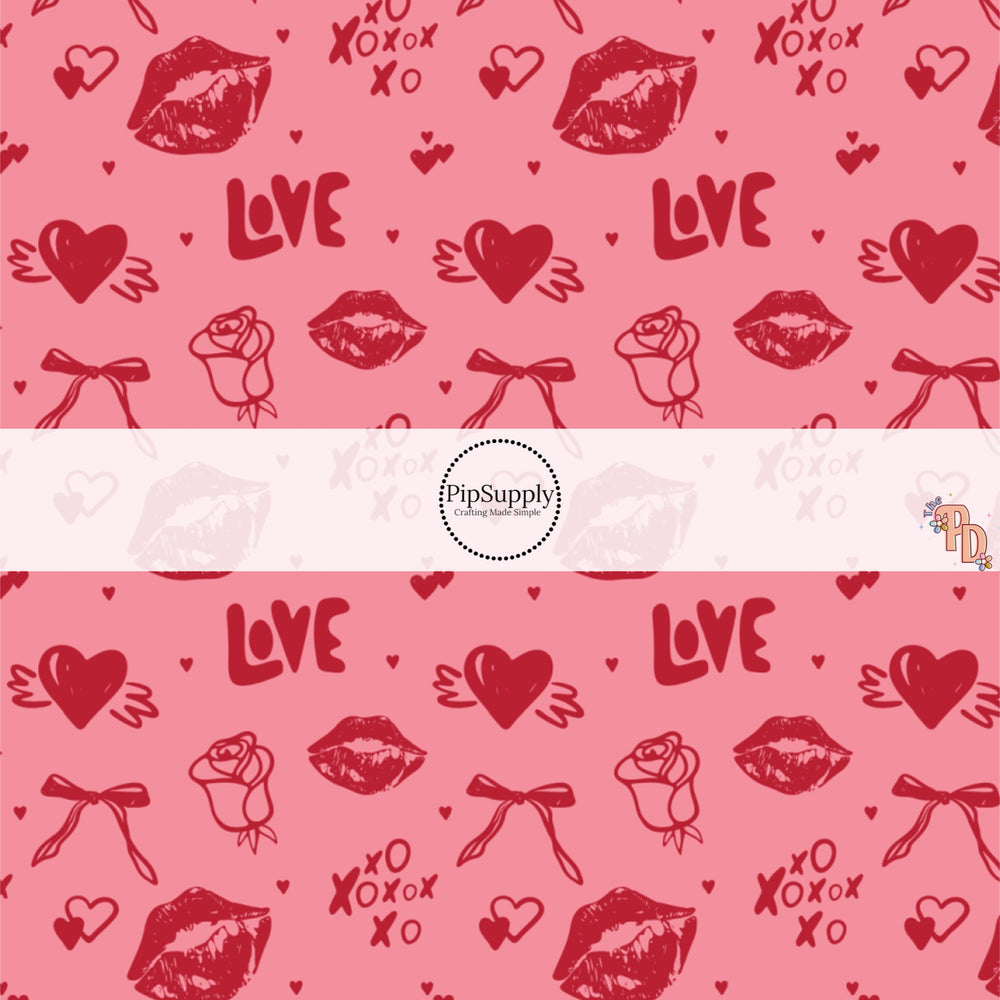 These Valentine's pattern no sew bow strips can be easily tied and attached to a clip for a finished hair bow. These Valentine's Day bow strips are great for personal use or to sell. This cute pattern features red kisses, bows, hearts, and Valentine sayings on pink. 