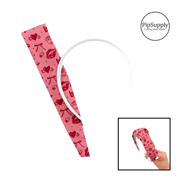 These Valentine's patterned headband kits are easy to assemble and come with everything you need to make your own knotted headband. These Valentine's Day kits include a custom printed and sewn fabric strip and a coordinating velvet headband. This cute pattern features red kisses, bows, hearts, and Valentine sayings on pink. 