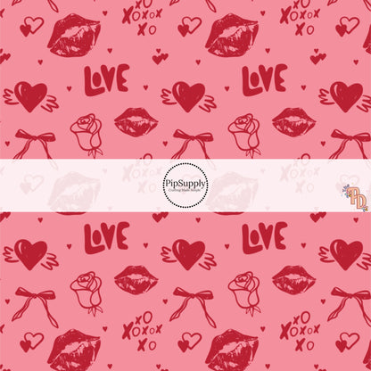 These Valentine's patterned headband kits are easy to assemble and come with everything you need to make your own knotted headband. These Valentine's Day kits include a custom printed and sewn fabric strip and a coordinating velvet headband. This cute pattern features red kisses, bows, hearts, and Valentine sayings on pink. 