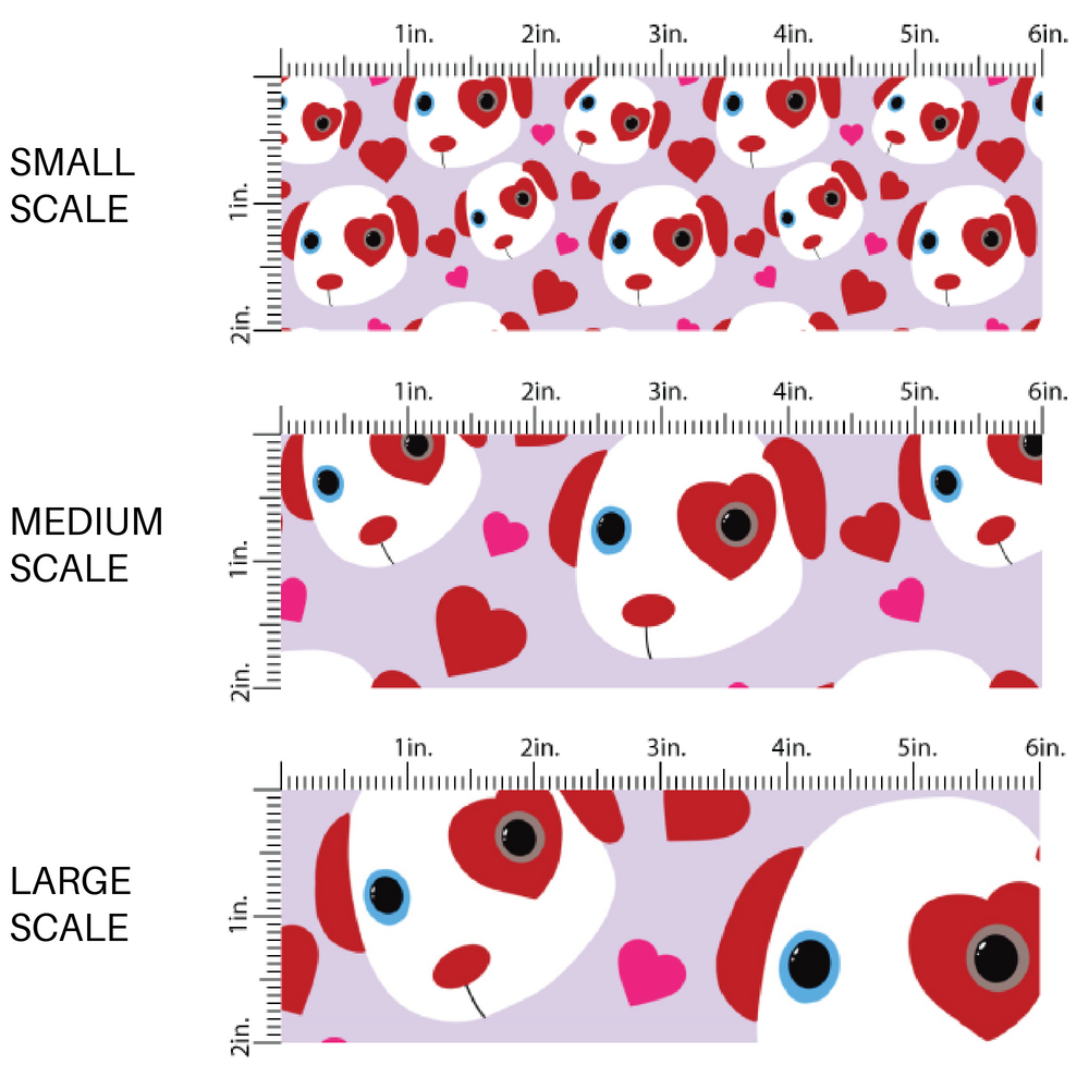 Cute Puppies and Hearts on Lavender Fabric by the Yard scaled image guide.