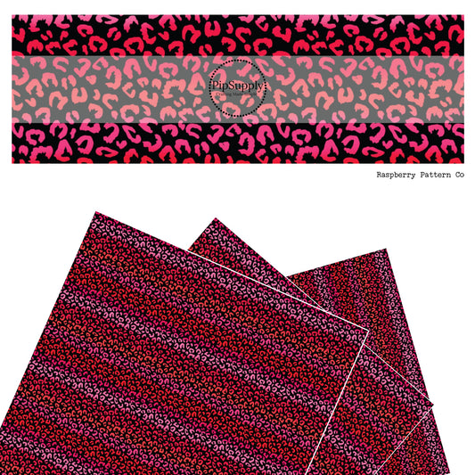 These Valentine's pattern themed faux leather sheets contain the following design elements: pink and red ombre leopard pattern on black. Our CPSIA compliant faux leather sheets or rolls can be used for all types of crafting projects.