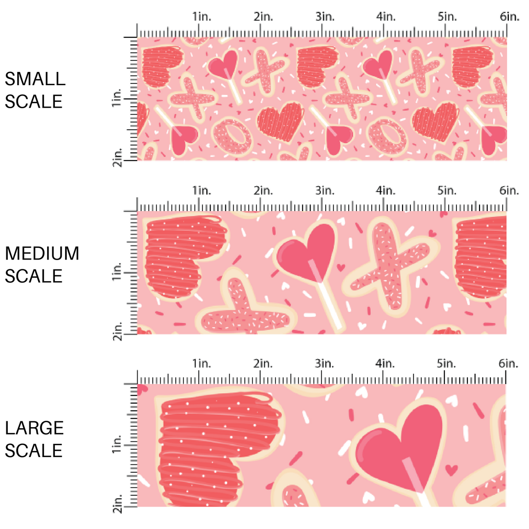 "XO" Cookies and Heart Shaped Suckers Pink Fabric by the Yard scaled image guide.