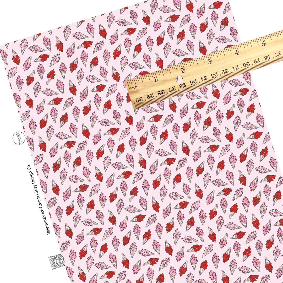 These Valentine's pattern themed faux leather sheets contain the following design elements: red and pink ice cream cones on light pink. Our CPSIA compliant faux leather sheets or rolls can be used for all types of crafting projects.