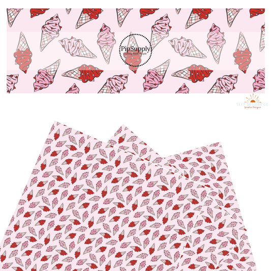 These Valentine's pattern themed faux leather sheets contain the following design elements: red and pink ice cream cones on light pink. Our CPSIA compliant faux leather sheets or rolls can be used for all types of crafting projects.