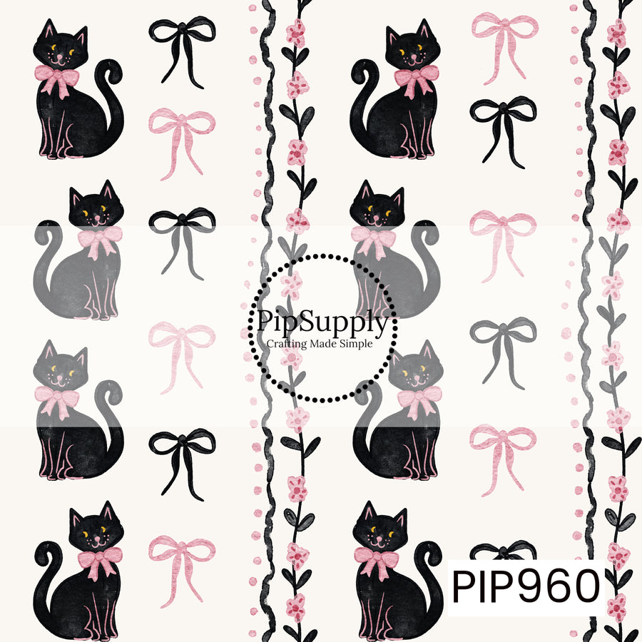 A charming Halloween stripe pattern featuring rows of black cats with pink bows, delicate ribbon bows, and dainty pink floral vines on a soft cream background. The vertical layout and watercolor artwork create a sweet vintage-inspired design with a feminine spooky aesthetic.
