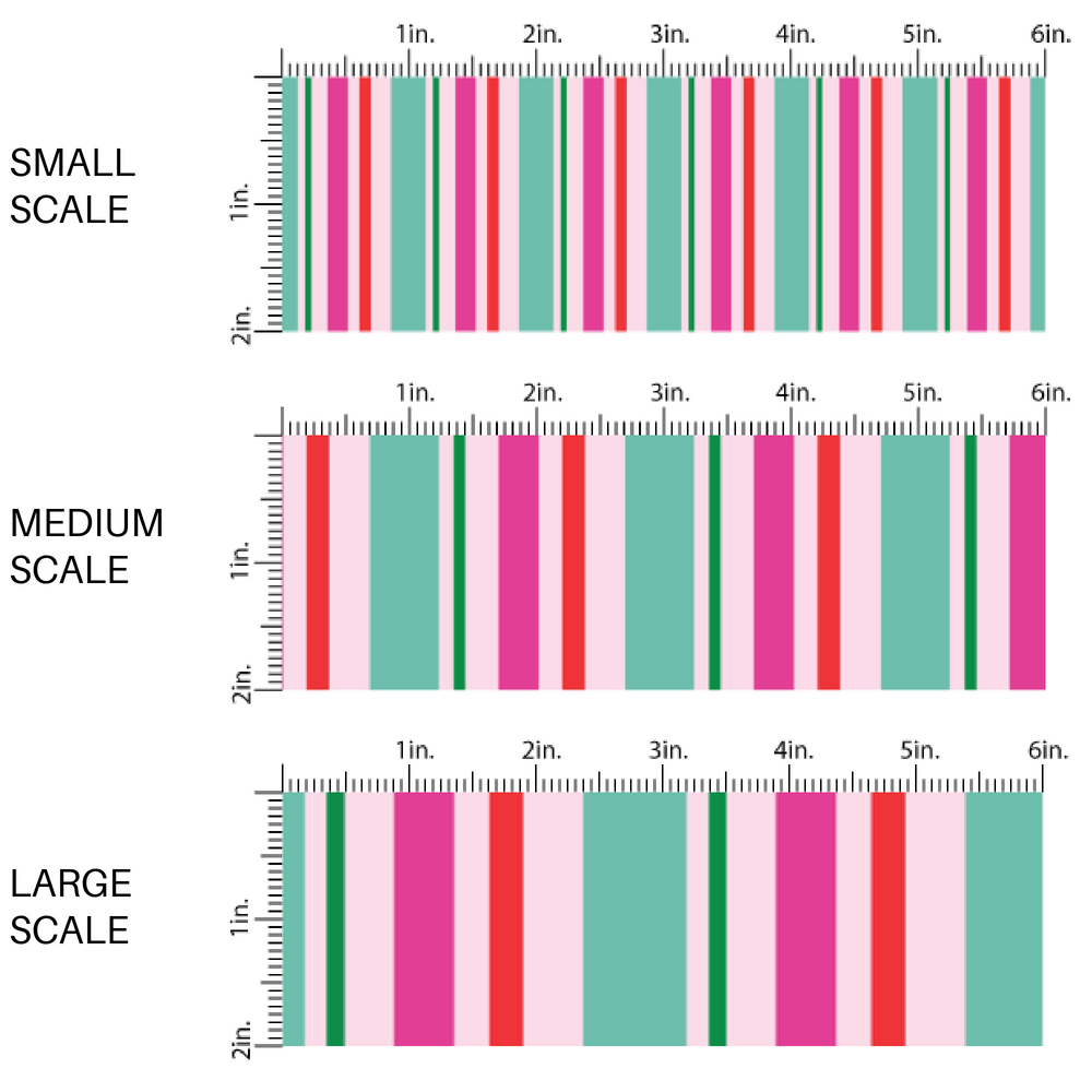 Pink, red, teal, and green striped fabric by the yard scaled image guide.