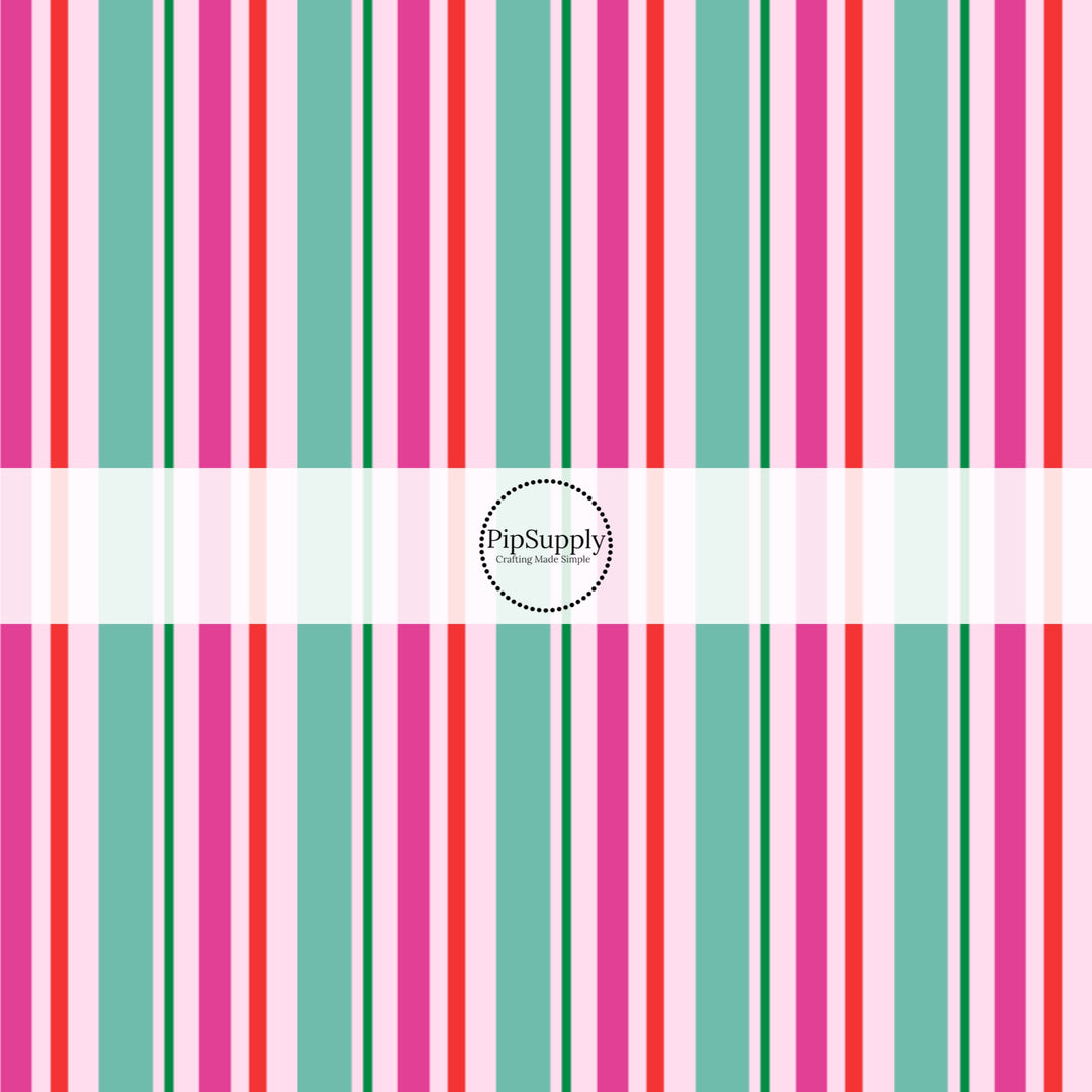 Pink, red, teal, and green striped fabric by the yard.