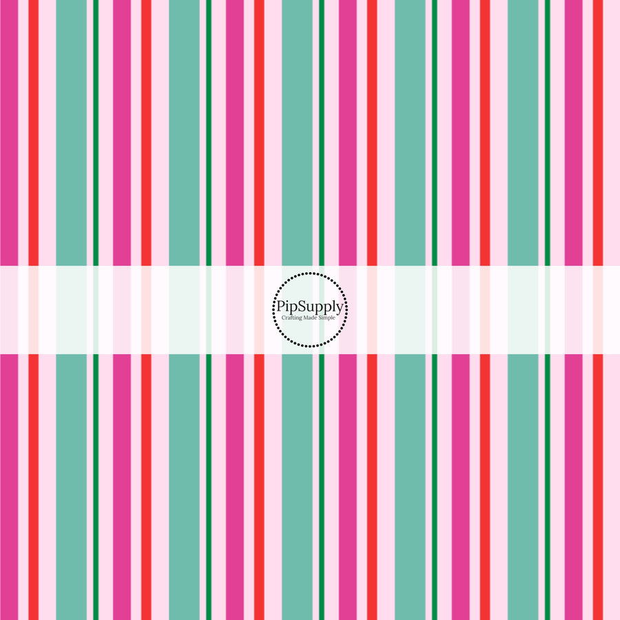 Pink, red, teal, and green striped fabric by the yard.