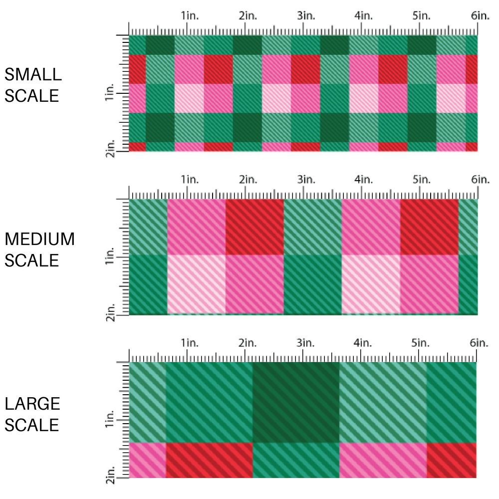 Pink, teal, red, and green plaid print fabric by the yard scaled image guide.