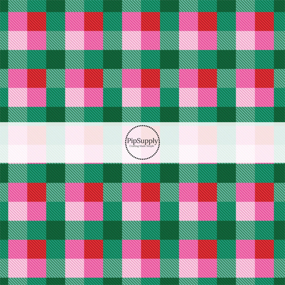 Pink, teal, red, and green plaid print fabric by the yard.