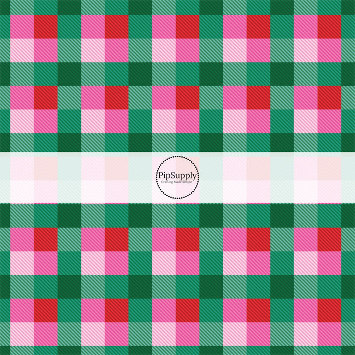 Pink, teal, red, and green plaid print fabric by the yard.