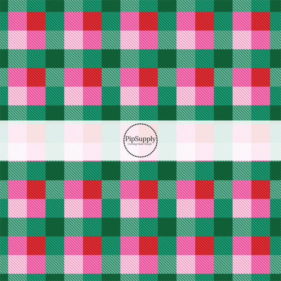 Pink, teal, red, and green plaid print fabric by the yard.