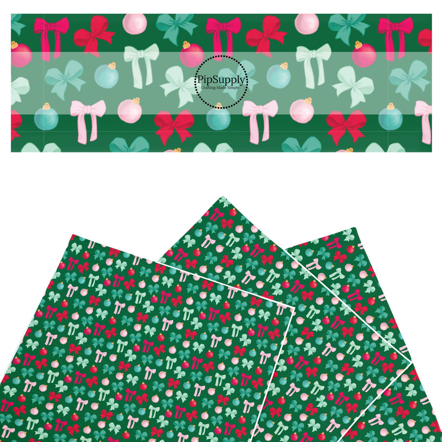 dark green christmas faux leather sheet with pink and green bows and ornaments