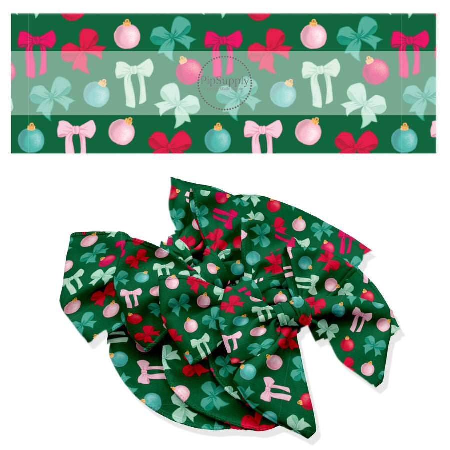 dark green no sew hair bow strips with pink and green bows and ornaments