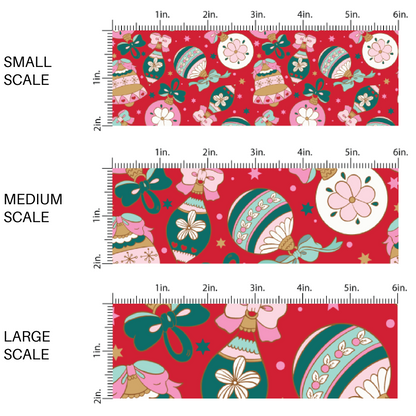 Red fabric by the yard scaled image guide with pink and green vintage ornaments.
