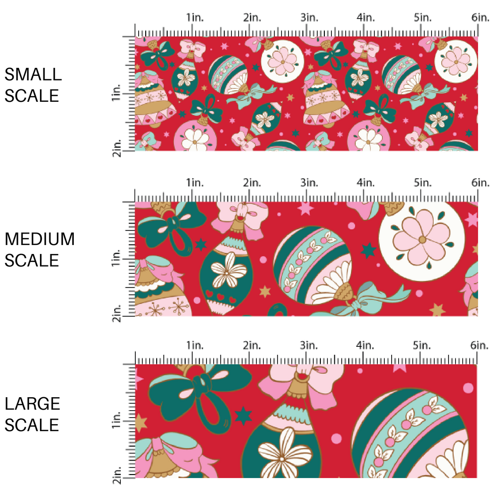 Red fabric by the yard scaled image guide with pink and green vintage ornaments.