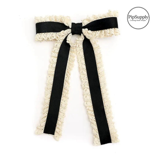 Theses vintage ruffled lace long tail hair bows are ready to package and resell to your customers no sewing or measuring necessary! These come pre-tied with an attached alligator clip. The delicate bow is perfect for all hair styles for kids and adults.