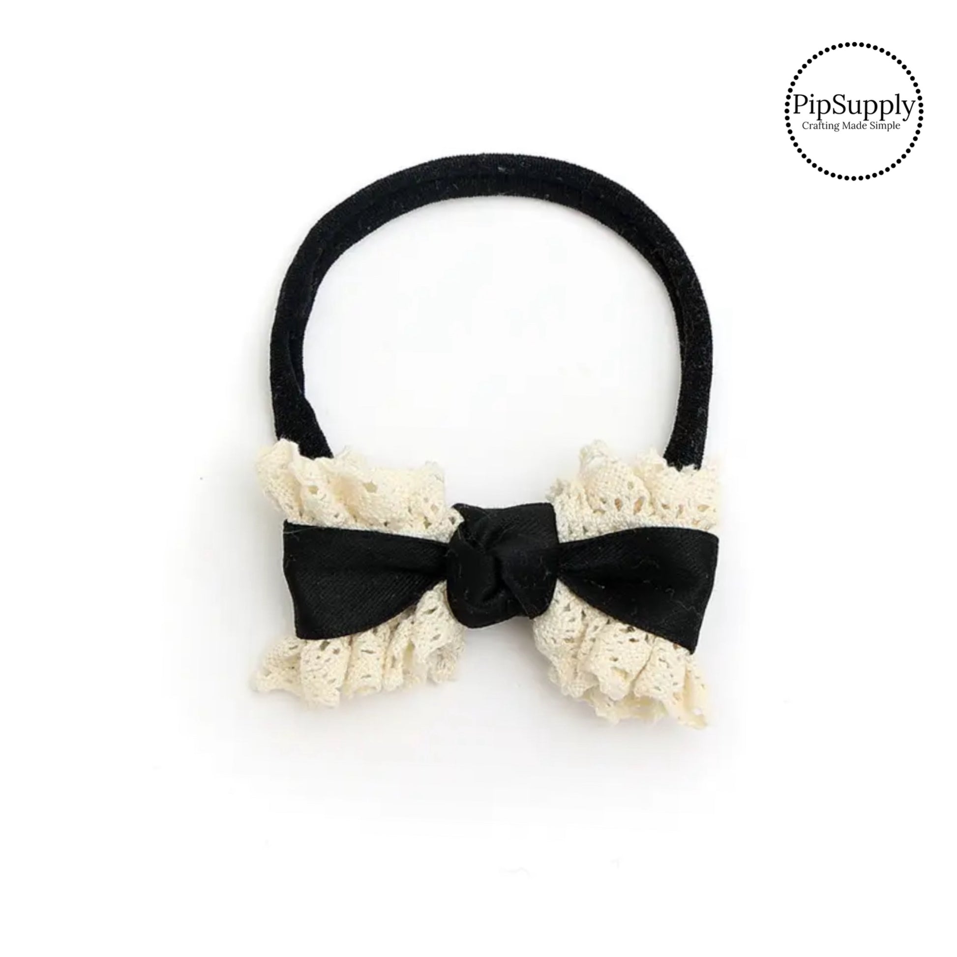 These vintage ruffled lace nylon headbands are a stylish hair accessory and have the on and off ease of a headband. These nylon headbands are a perfect simple and fashionable answer to keeping your hair back! The thin nylon headband has a stretchable fabric that fits babies, kids, and adults. The bow has a lace ruffled border giving it a vintage look.