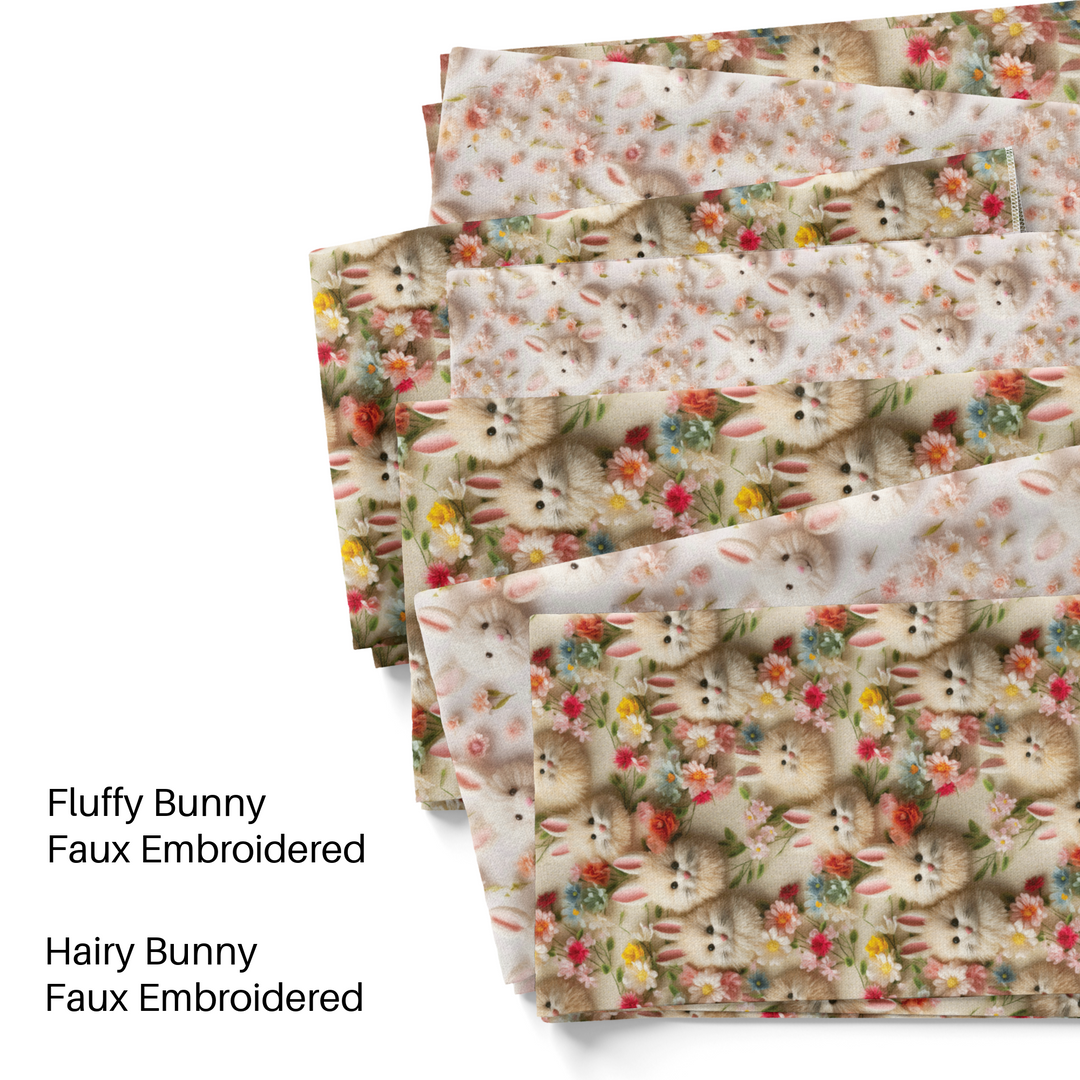 Faux embroidered Vivie and Ash Bunny fabric by the yard swatches.