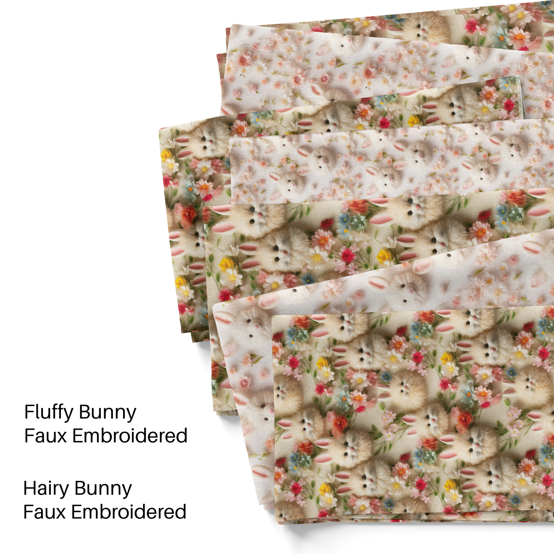 Vivie and Ash faux embroidered bunnies fabric by the yard swatches.