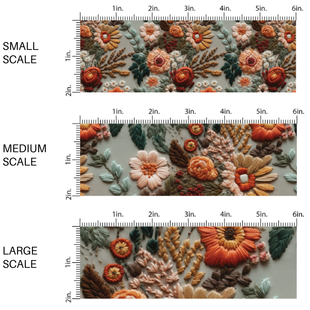 Gray fabric by the yard scaled image guide with orange and yellow floral embroidered prints.