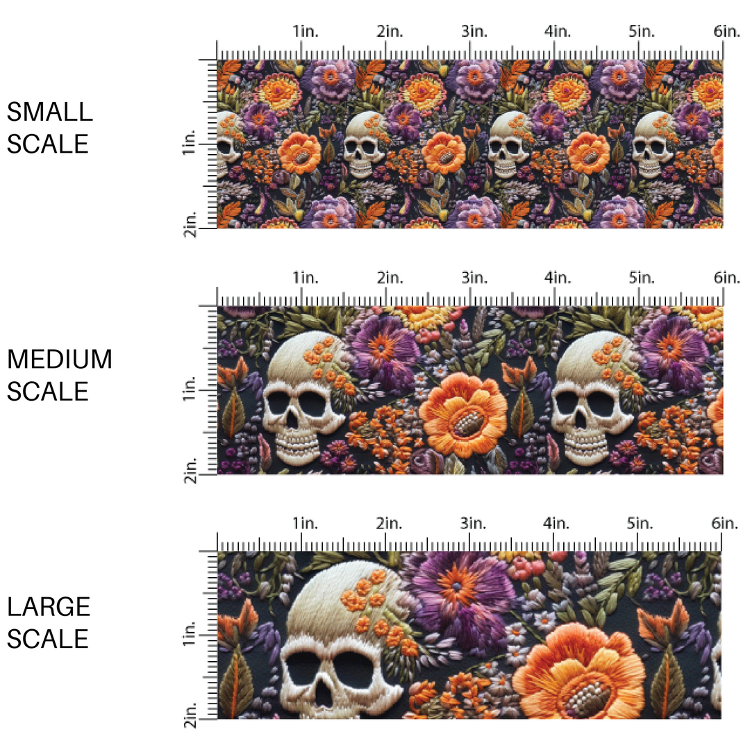 Black fabric by the yard scaled image guide with skulls and yellow and purple embroidered florals.