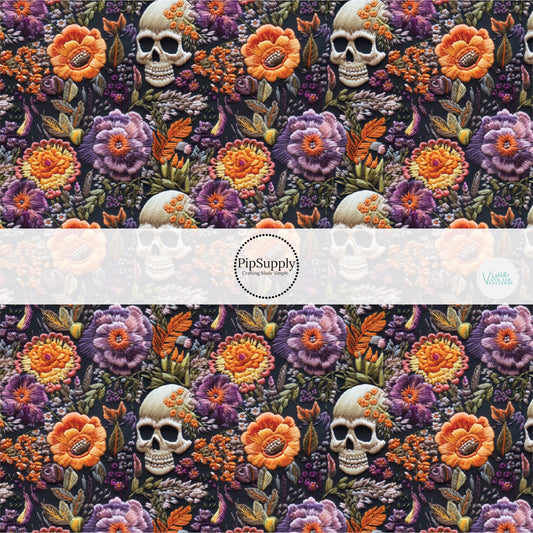 Black fabric by the yard with skulls and yellow and purple embroidered florals.