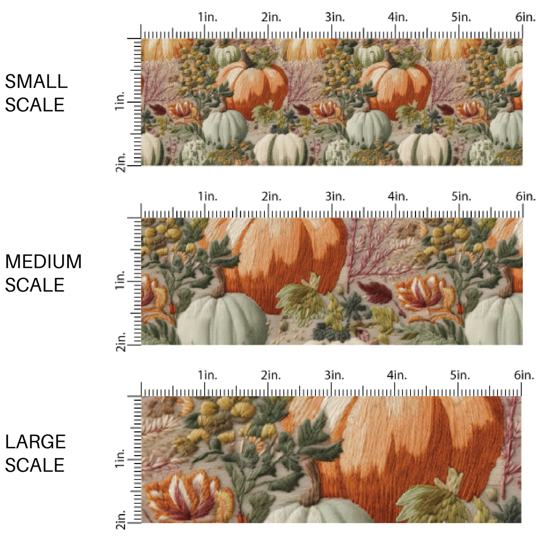 Muted green and muted orange pumpkins embroidered fabric by the yard scaled image guide.