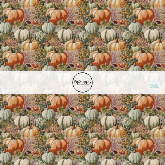 Muted green and muted orange pumpkins embroidered fabric by the yard.