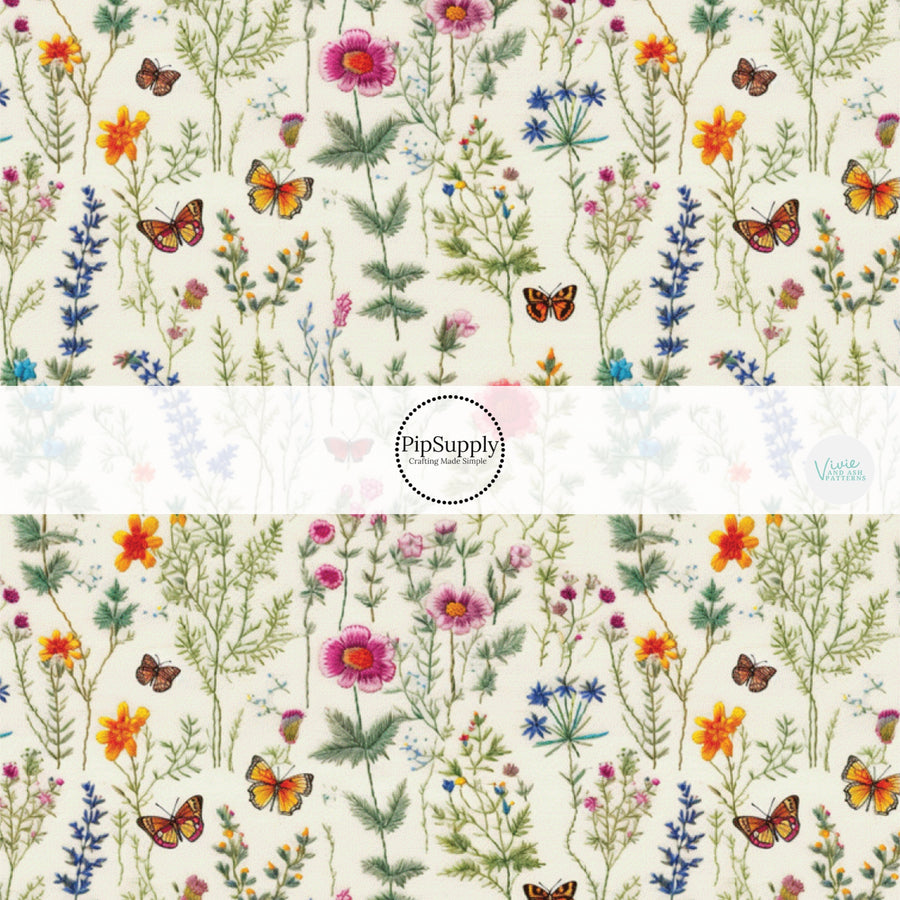 Cream embroidered wildflower fabric by the yard.