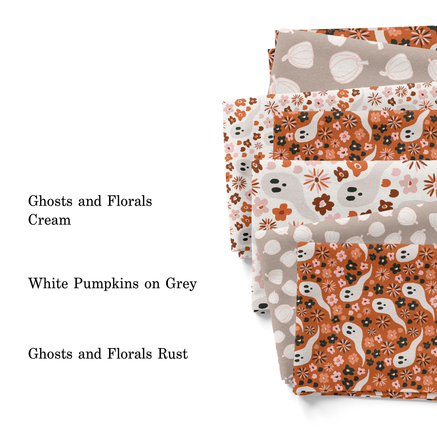 Vivie and Ash Patterns 2023 Halloween collection fabric swatches.