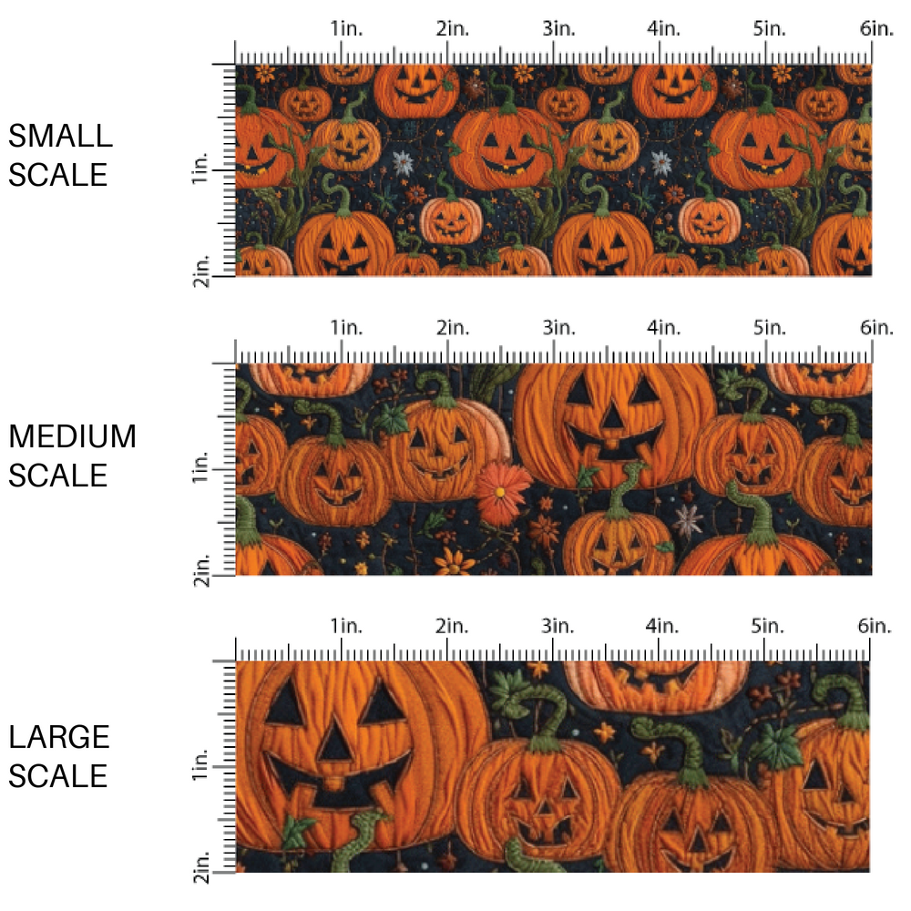 Black fabric by the yard scaled image guide with orange embroidered Jack-o-lantern designs.