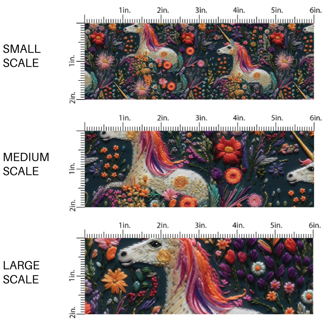 Vibrant colored embroidered fabric by the yard scaled image guide with white unicorns and florals.