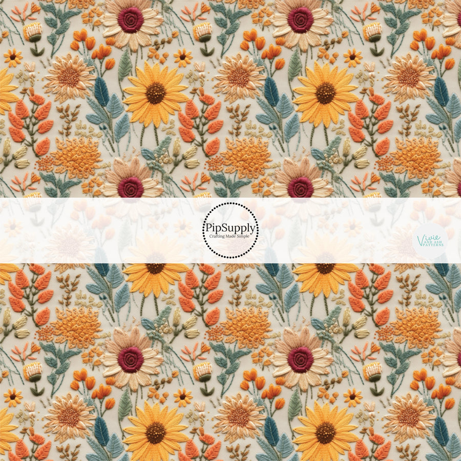 Cream fabric by the yard with yellow, orange, green, and cream floral designed fabric by the yard.