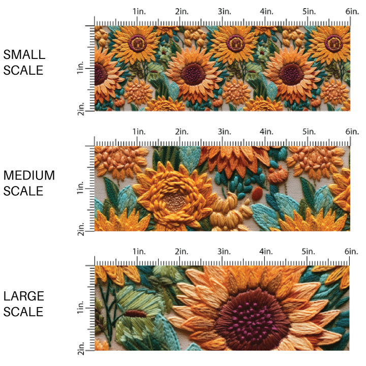 Yellow and green embroidered sunflower fabric by the yard scaled image guide.