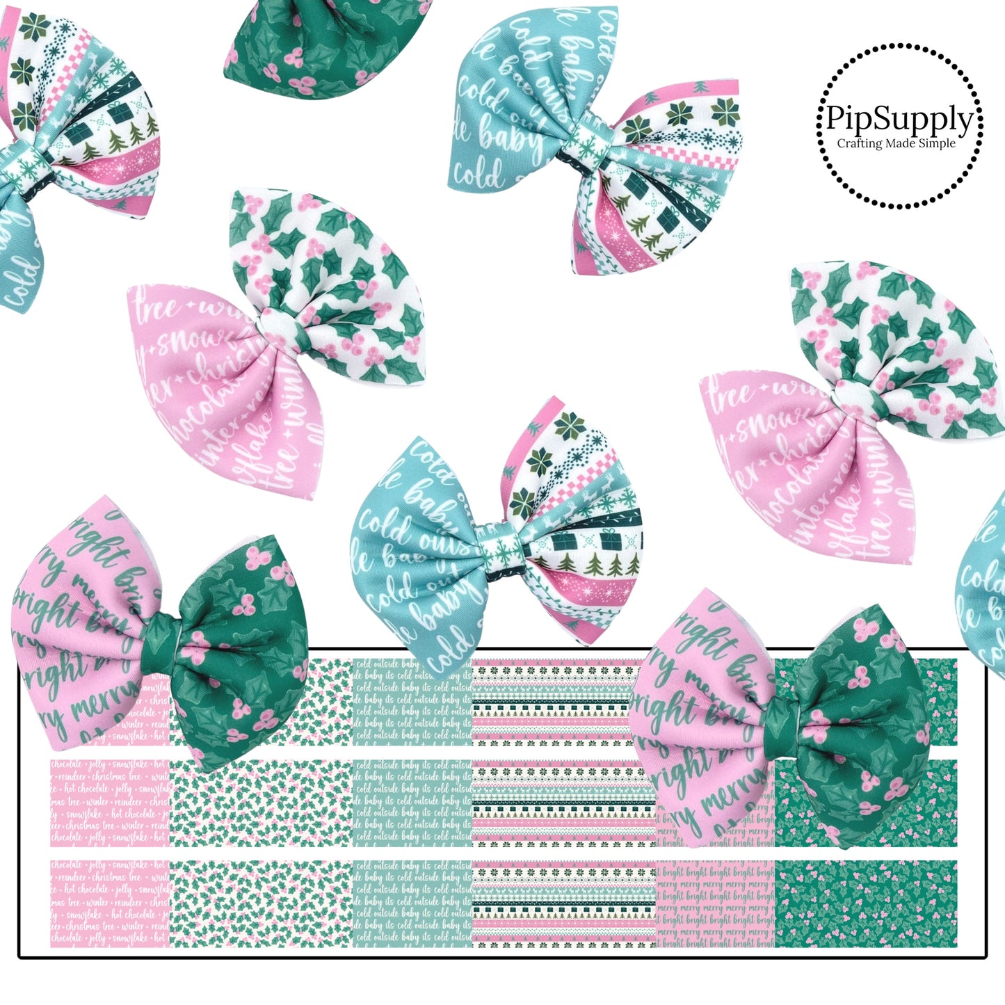 Pink and green holly leaves Christmas neoprene pinch bows.