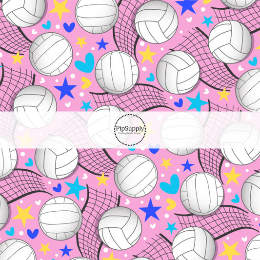 Pink fabric by the yard with white volleyballs, blue stars and hearts. and yellow and blue stars.