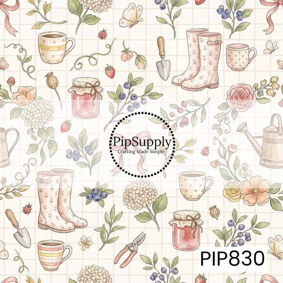 A whimsical watercolor gardening design featuring blooming flowers, blueberry sprigs, strawberries, butterflies, ladybugs, ribbons, and cottage garden elements scattered across a soft grid background. Charming gardening accessories including floral rain boots, watering cans, hand trowels, pruning shears, teacups, and jars of homemade preserves add a cozy countryside feel. Painted in delicate shades of blush pink, sage green, dusty blue, cream, and buttery yellow, this design captures a peaceful garden