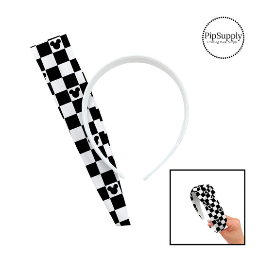 Black mouse head on white and black checker knotted headband kit