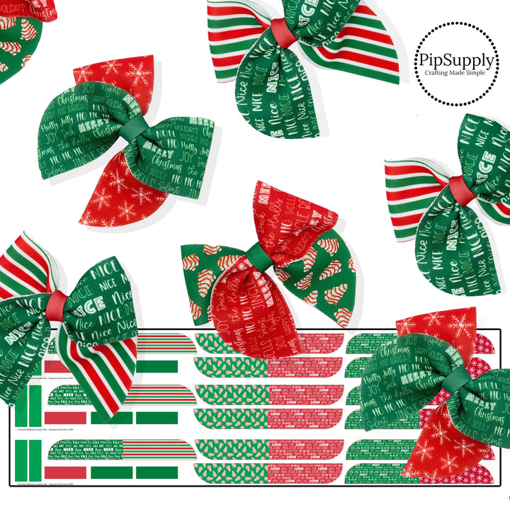 Red, green, and, white, Christmas sayings neoprene sailor bows.