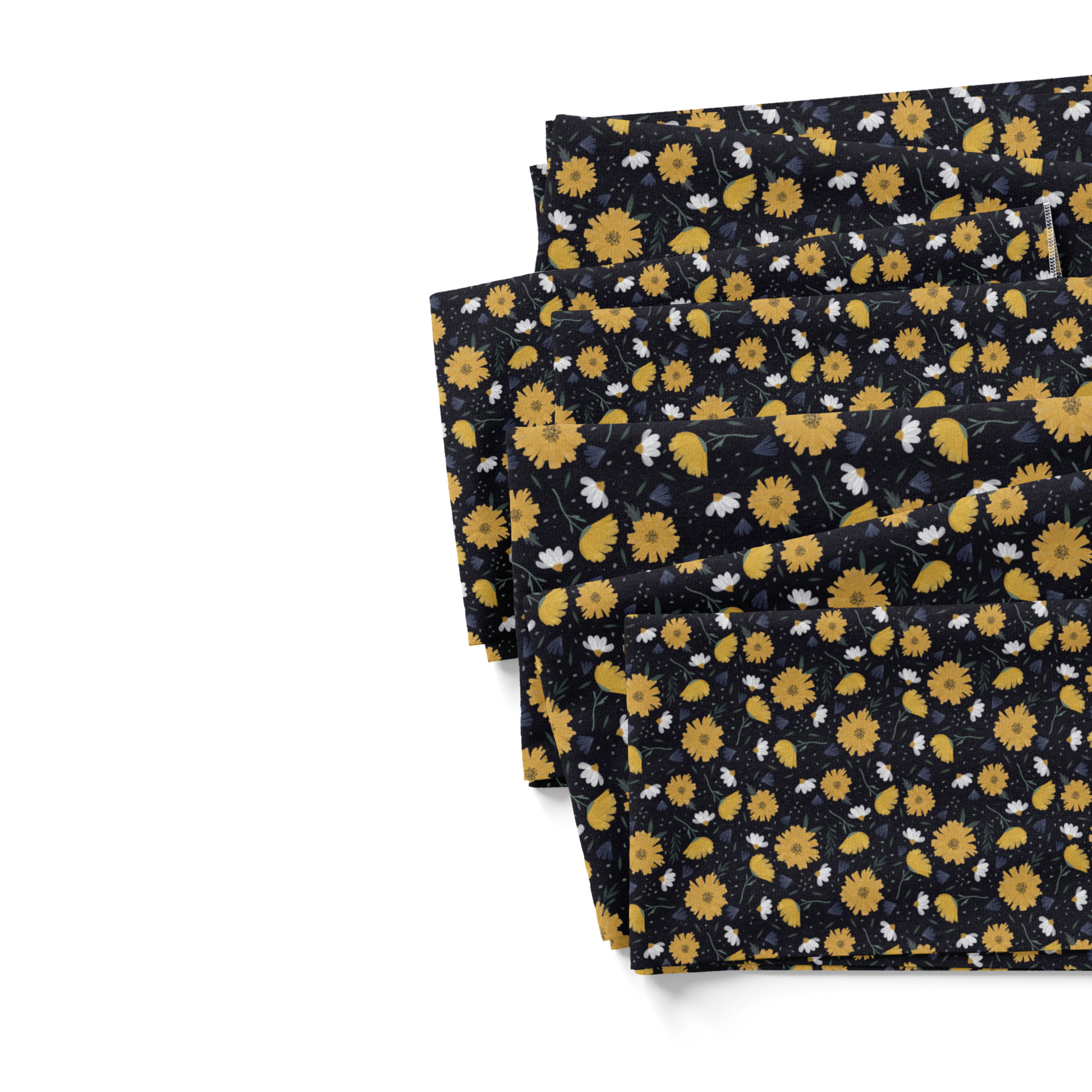 Wall Flower Graphics navy blue fabric swatches with yellow and white florals.