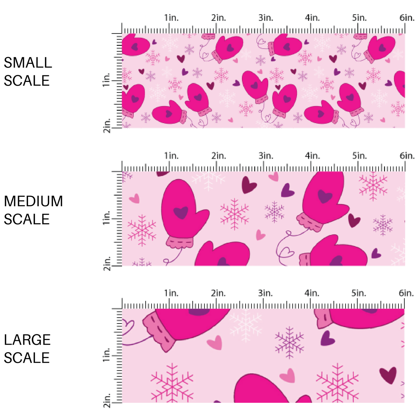 Pink fabric by the yard scaled image guide with hearts, snowflakes, and mittens.