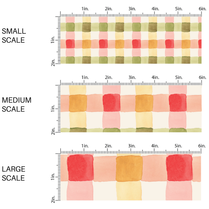 This scale chart of small scale, medium scale, and large scale of these holiday pattern themed fabric by the yard features red, green, and cream gingham pattern. This fun Christmas fabric can be used for all your sewing and crafting needs!