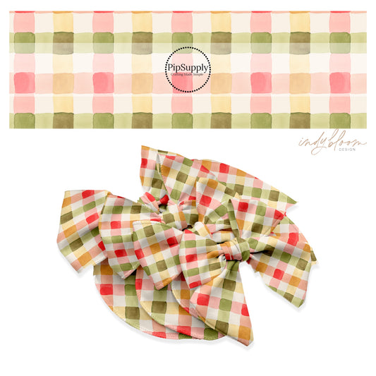 These holiday pattern themed no sew bow strips can be easily tied and attached to a clip for a finished hair bow. These Christmas bow strips are great for personal use or to sell. The bow strips features red, green, and cream gingham pattern. 