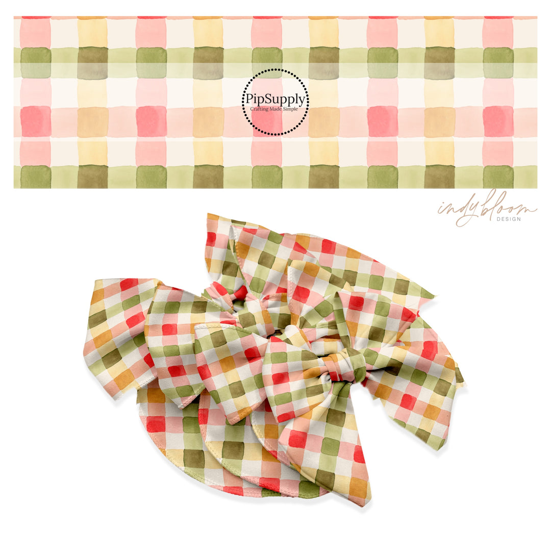 These holiday pattern themed no sew bow strips can be easily tied and attached to a clip for a finished hair bow. These Christmas bow strips are great for personal use or to sell. The bow strips features red, green, and cream gingham pattern. 