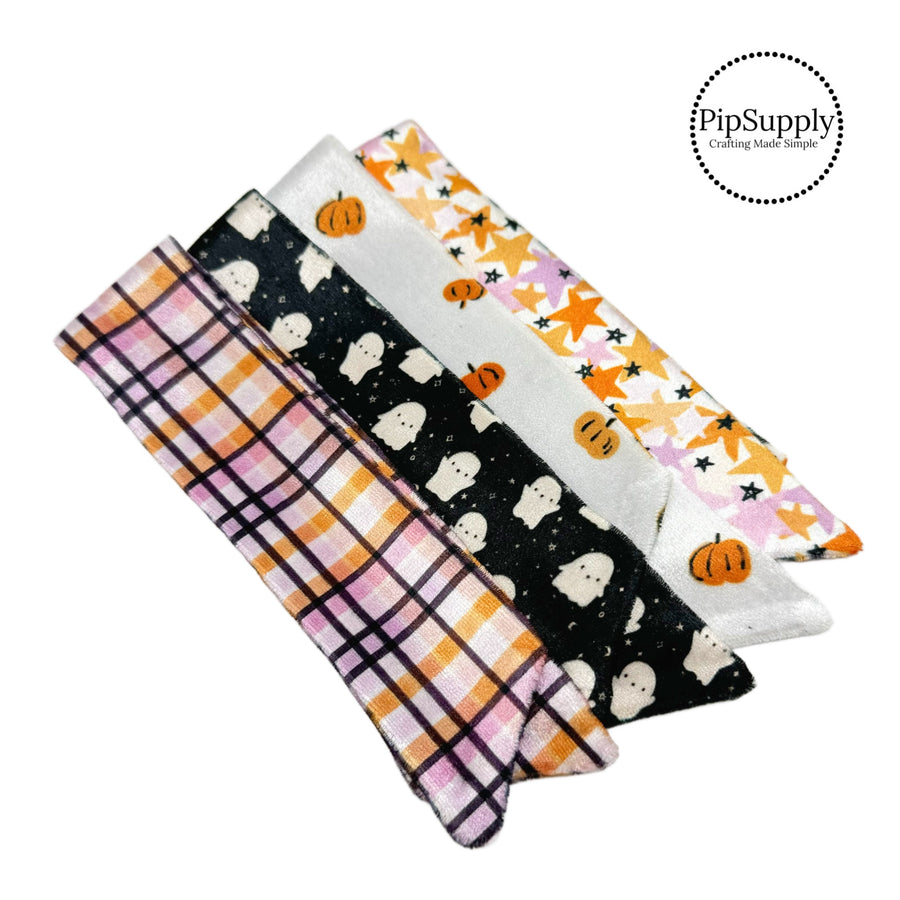 Each Halloween themed pack includes four untied, flat VELVET Ruth bows printed with the patterns shown in the picture. They will come untied and will need to be tied into a finished bow and attached to a clip or headband.